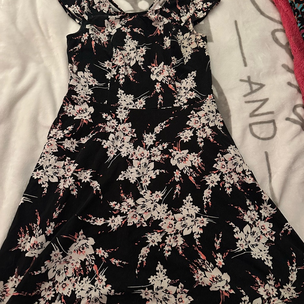 Xhilaration Black Dress with Pink and White Floral Design